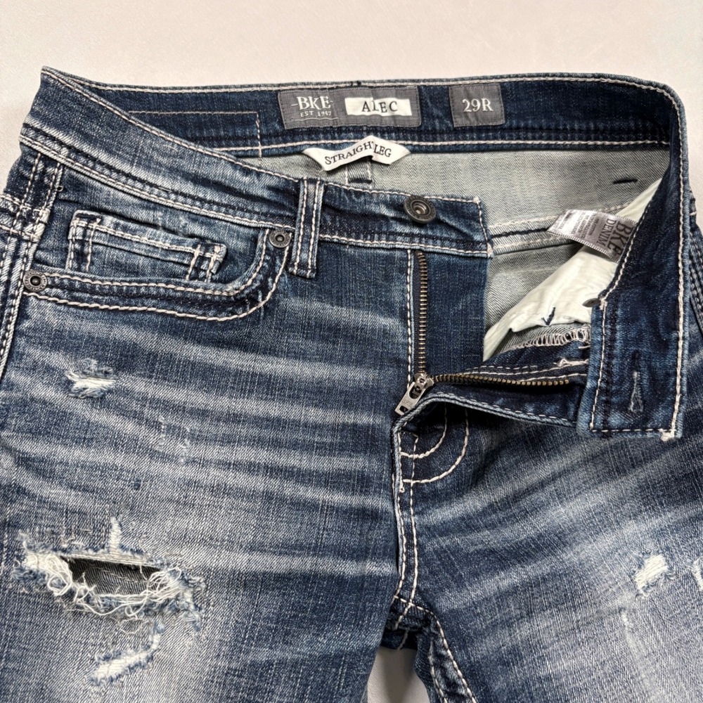 BKE Jeans Mens 29R Alec Straight Leg Blue Distressed Denim EUC - Picture 8 of 15